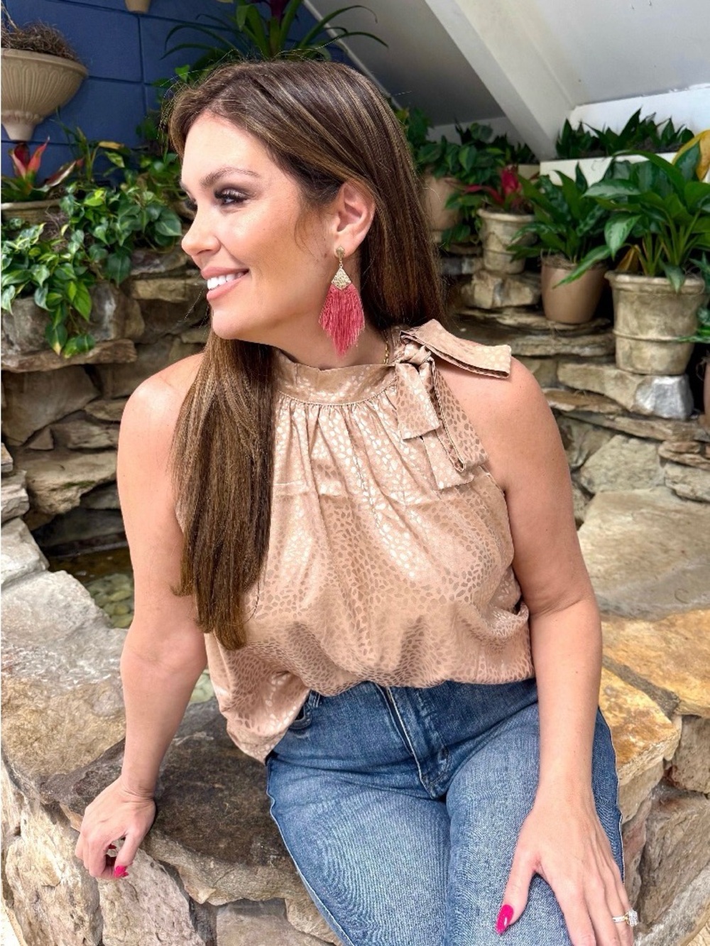 Adore Metallic Light Taupe Tie-Shoulder Sleeveless Tank
